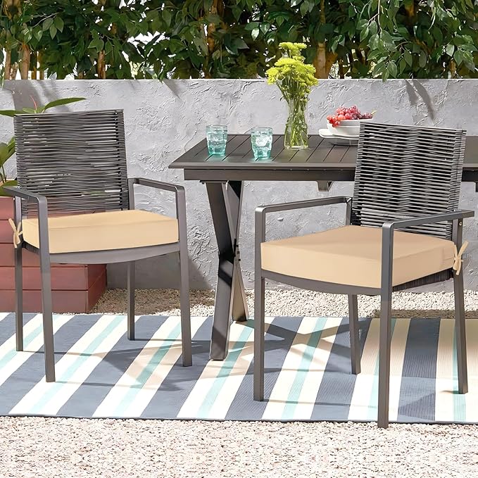 Waterproof Outdoor Chair Cushions Set of 2, Square Outdoor Seat Cushions with Ties and Removable Covers, 19 x 19 Outdoor Cushions for Patio Furniture with Portable Handle(Beige)