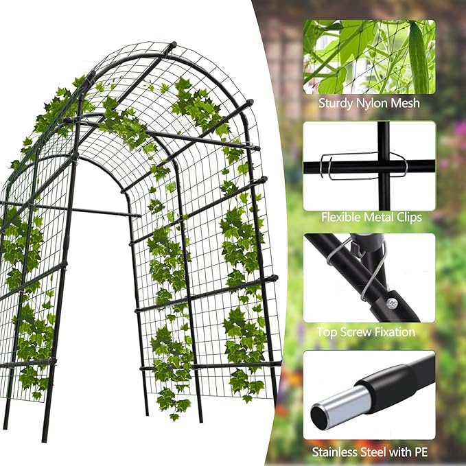 Adjustable Garden Arch Trellis, 7.5FT Metal Arbor with Climbing Net, 35"–45" Wide Weather-Resistant Pergola for Vines, Roses, Vegetables & Flowers, Sturdy Steel Frame, Easy No-Tool Assembly