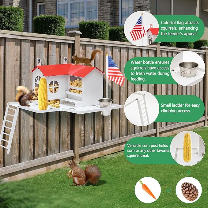 Metal Squirrel Feeder for Outside with Water Bowl, Hanging Squirrel House for Outdoors with Flag Ladder and Corn Cobs Holder, Peanut Feeder for Chipmunks, Mount on Trees or Fences