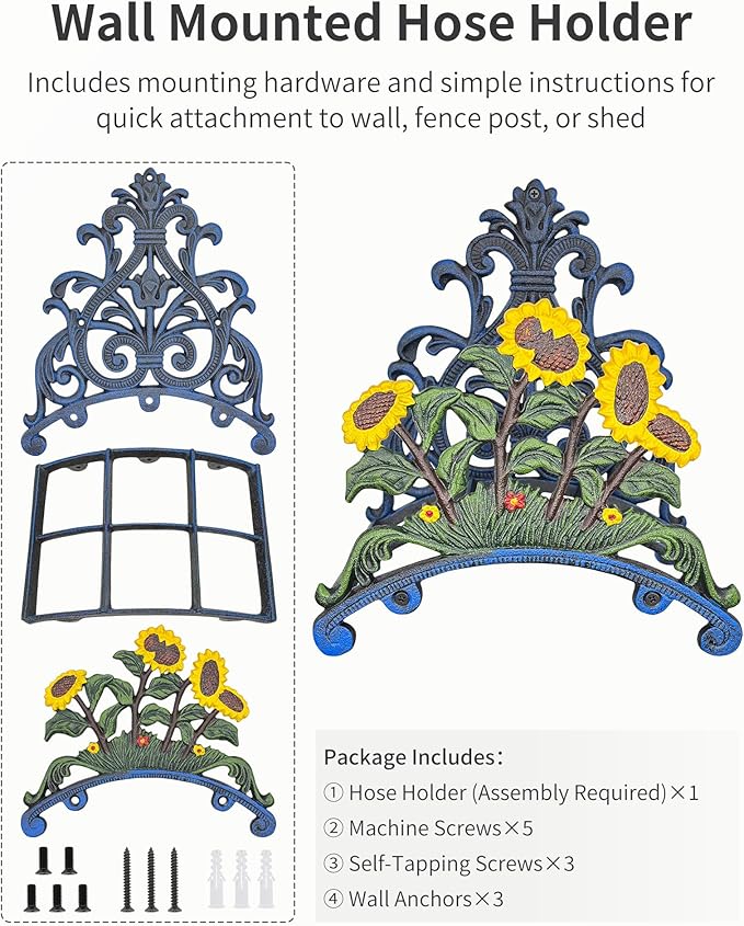 Cast Iron Garden Hose Holder Wall Mount, Rustic Heavy Duty Water Hose Hanger, Decorative Vintage Hose Reel Organizer for Outside Garden Yard Patio, Painted Sunflower Design