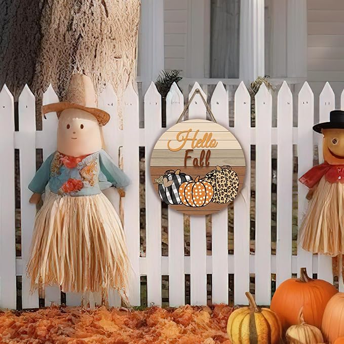 Hello Fall Pumpkin Wooden Door Signs Autumn Harvest Sign Front Door Decor Plaid Pumpkin Farmhouse Door Hanger Decorations for Home Front Door Wall Office Decor