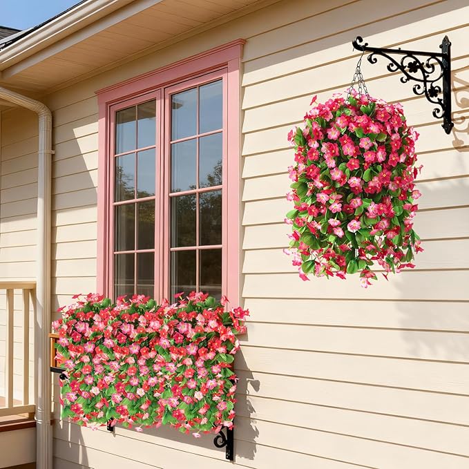 2 Pack Artificial Hanging Flowers, Fake Flowers Hanging Plant Violet Flower, Artificial Faux Silk Spring Flower for Wall Front Door Yard Garden Wedding Outdoor Decoration(Deep Pink)