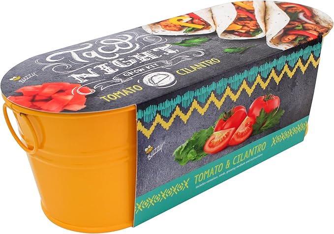 BUZZY Taco Night Grow Kit, Tomato and Cilantro Indoor Gardening Set with Non-GMO Seeds, Coconut Husk Growing Medium, and Yellow Metal Windowsill Planter