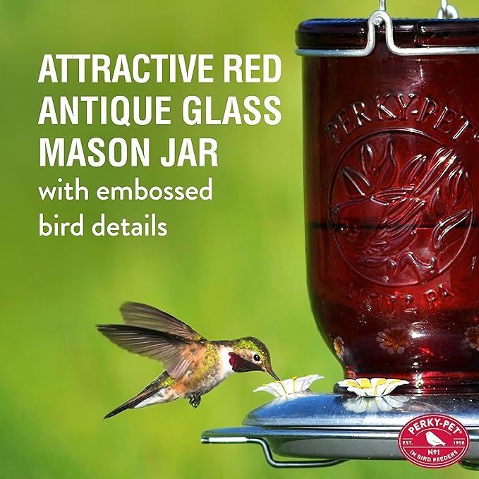 Perky-Pet Red Mason Jar Vintage Glass Hummingbird Feeder - Outdoor Garden Décor - 32-oz capacity, 786-1SR