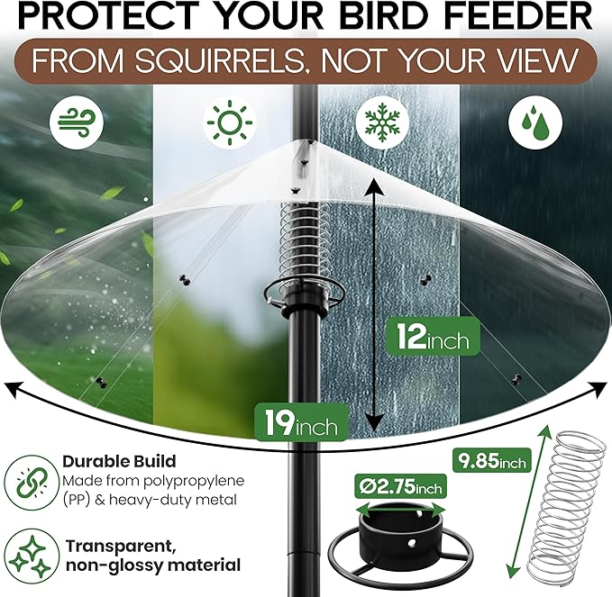 Premium Squirrel Baffle for Bird Feeder Pole Chew Proof Squirres Guard with Spring for Better Defense 19 Inch Outside Mount for Bird Feeders Raccoon Rodent Stopper Garden Accessories Backyard