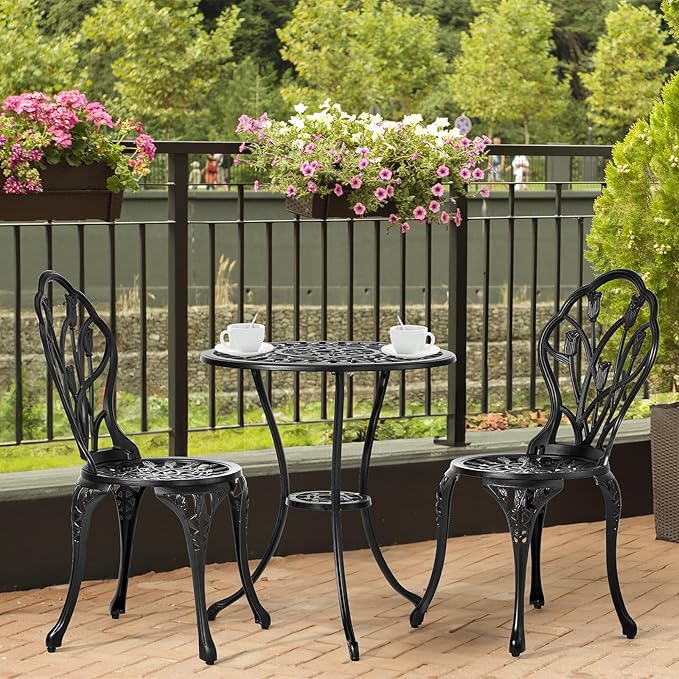 VINGLI 3 PCS Outdoor Bistro Set, Outdoor Patio Set, All-Weather Cast Aluminum Bistro Table Set, Bistro Table and Chairs Set of 2 for Backyard, Garden, Balcony (Black, Tulip)