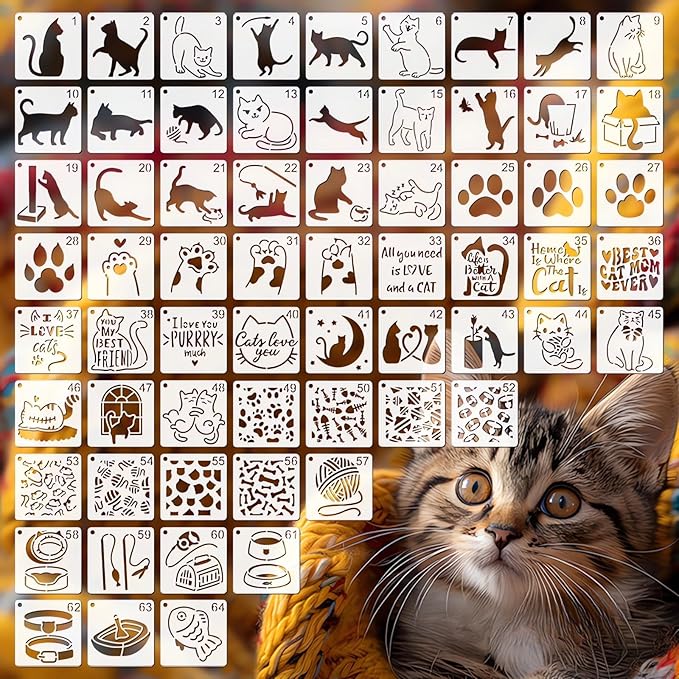 Cute Cat Stencils for Painting, 64PCS 3 Inch Cat Theme Patterns - Reusable Animal Stencils for Crafts on Canvas, Wood, Glass & More