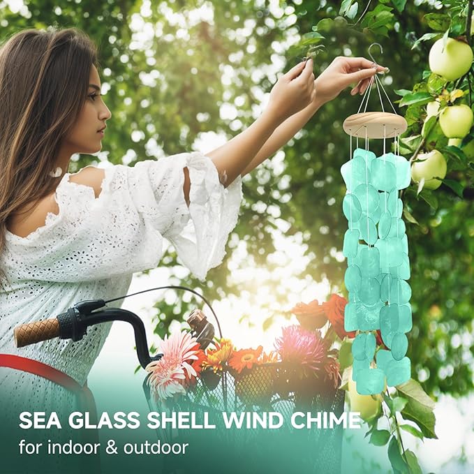 Wind Chimes for Outside 26", Clear Tones Sea Shell Wind Chimes Outdoor, Handcrafted Capiz Sea Glass Shells Windchimes Memorial Wind Chime for Patio, Garden, Porch Decor, Beach Gifts