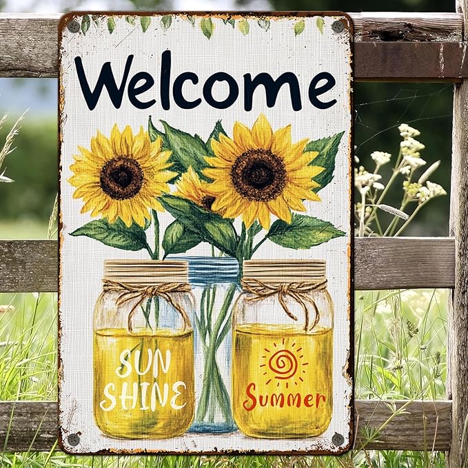 Summer Welcome Sign Wall Art Decor Welcome Floral Ornaments Iron Plaque Sign for Club Bar Garage Wall Decor 12x16inch
