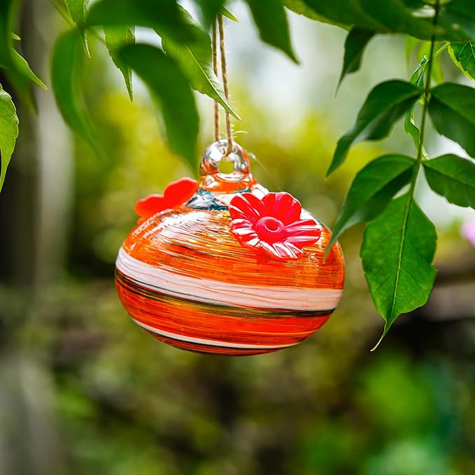 Small Glass Hummingbird Feeders for Outdoors 3in Hanging Blown Glass Ball Humming Birds Feeder with 2 Feeding Ports for Outside Garden Patio Decor for Window