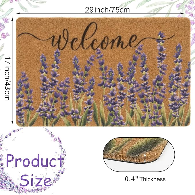 Lavender-Welcome-Doormat for Indoor Outdoor Entrance Floral-Spring-Summer-Door-Mats Non Slip Coir Seasonal Doormat 17 x 29 Inches