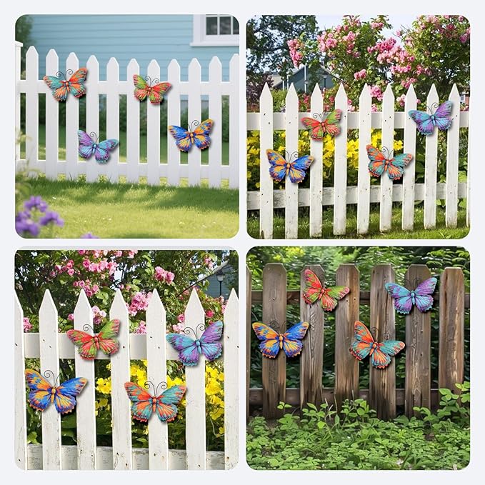 Junware 4 Pieces Metal Butterfly Wall Art Decor - 7.5" Outdoor Fence Wall Sculpture Decor, Hanging Decoration for Garden Yard Living Room Bedroom Patio Balcony, Nice Gift for Mom Friend