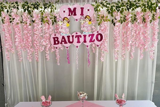 Artificial Wisteria Hanging Flowers Fake Wisteria Flower Garland Silk Vines Rattan Decor for Home Wedding Arch Wall Garden Greenery Bedroom Outdoor Office Party Decoration (24, Light Pink)