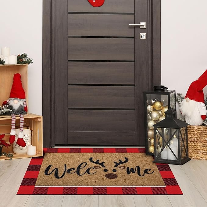 Tinideya 2 Pcs Christmas Door Mat Brown Elk Welcome Non Slip Coir Mats Merry Xmas Black Red Buffalo Plaid Floor Layering Doormats Seasonal for Front Porch Entryway Decor(Brown Elk)