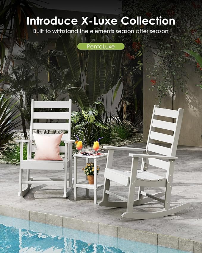 GREENVINES Outdoor-Rocking-Chair | HDPE Plastic | Patio Rockers | Porch Rocker Chairs | Shaker | Oversized | High Ladder Back | Big & Tall | PentaLuxe | White