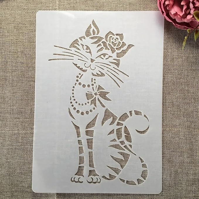 TIAMECH A4 Reusable Flower Cat Stencil for Painting - Beautiful Female Cat Layering Template, DIY Wall Art, Wood Furniture, Scrapbook & Crafts (8.3x11.7inch)