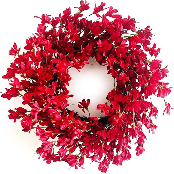 Spring Wreath for Front Door, 24 Inch Spring Red Forsythia Wreath Blossom Cluster Flower Farmhouse Wreath on Grapevine for Festival Celebration Front Door Wall Window Decoration Home Decor