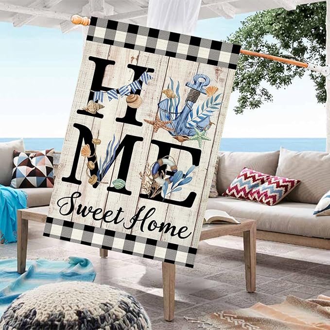 ORTIGIA Beach House Flag 28 x 40 Inch Double Sided Burlap Home Sweet Home Blue Anchor Starfish Seashell Coastal Ocean Yard Flag Summer Holiday Seasonal Outdoor Outside Decoration(Large)
