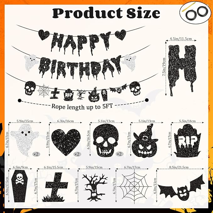 Black Glitter Halloween Happy birthday Banner Halloween Banner Party Decorations Party Supplies Decoration Birthday Decorations Baby Shower Unisex Decoration
