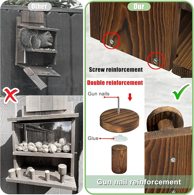 Carbonized Squirrel Feeder, Large Squirrel Feeders for Outside Funny Squrrill Nuts Bar, Durable Wooden Chipmunk House Box for Corn Peanuts