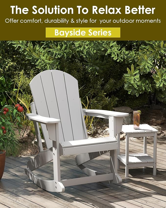 GREENVINES Adirondack Rocking Chair | HDPE Plastic | Porch Rocker | Chair for Outdoor Patio Deck | All Weather | White