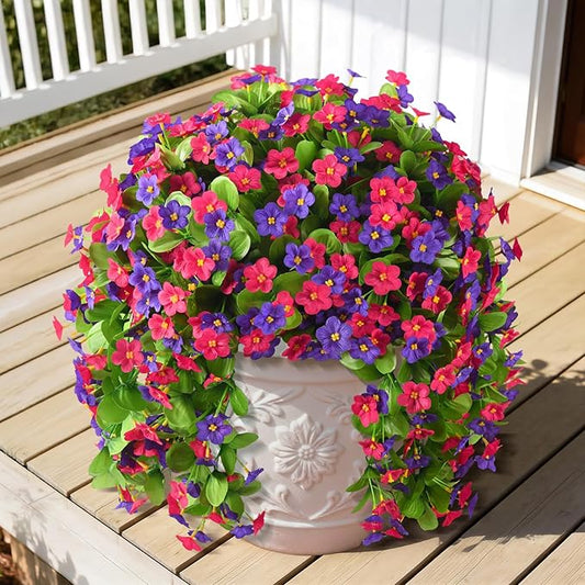 Artificial Fake Hanging Flowers for Outdoors, 2 Pcs Artificial Hanging Plants Outdoors Spring Summer Decor, UV Resistant Faux Violet Silk Flowers for Planters Front Door Yard Garden(Purple Rose Red)