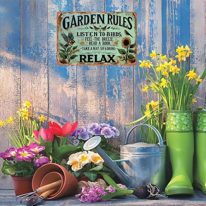 Garden Signs Vintage Metal Sign - Garden Rules Retro Gardening Signs for Outside Home Gardening Greenhouse Yard Outdoor Decor 8x12 Inch