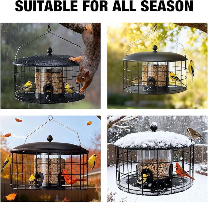 Veehoo Squirrel Proof Bird Feeders for Outdoors Hanging, Metal Caged Wild Bird Feeder for Cardinal Finch Small Birds, Thistle Squirrel-Proof Clear Tube Birdfeeder for Outdoor Balcony