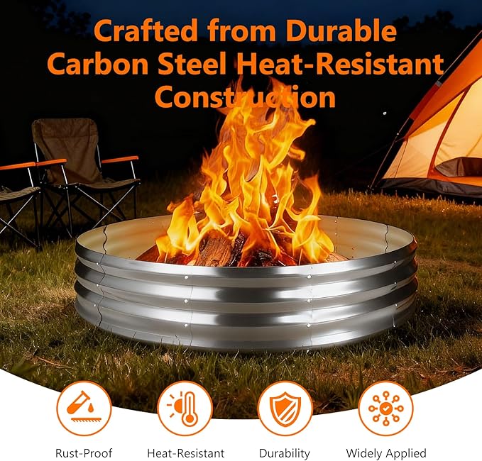 60 Inch Large Round Fire Ring Pit, Outdoor Bonfire Rings for Wood Burning, Galvanized Steel Fire Pit Portable for Backyard, Camping, Patio, Beach (5×5×1 FT, White)
