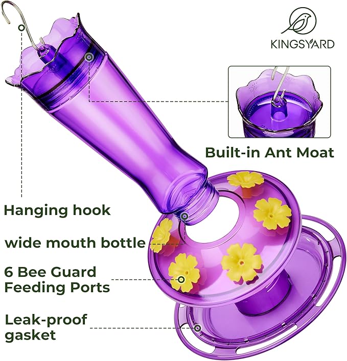 Kingsyard Glass Hummingbird Feeder for Outdoors Hanging - 6 Bee Guard Feeding Ports & Built-in Ant Moat, Wild Bird Feeder for Outside Garden Yard Patio 14 Oz, Purple