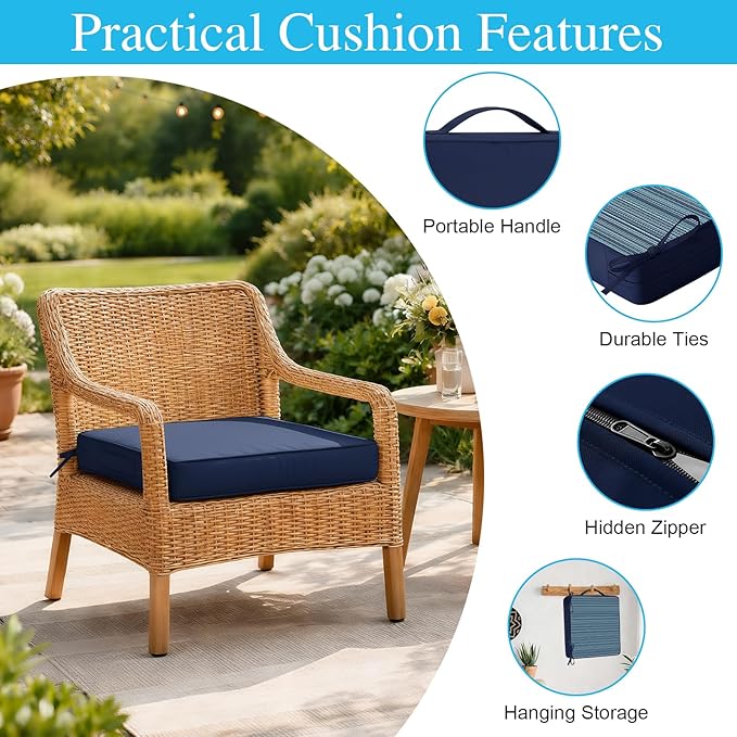 Amagenix Outdoor Chair Cushions Set of 2, 22"x22"x3" Waterproof Outdoor Seat Cushions for Patio Furniture, Stripe Reversible Patio Cushions with Ties & Handle & Hidden Zipper, Fade-Resistant,Navy Blue