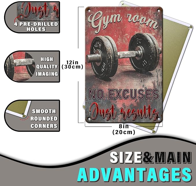 PEACHGARDEN No Excuses Just Results Gym Wall Art Vintage Tin Sign Poster for Home Gym Weightlifting Dumbbell Fitness Decor 8x12inch