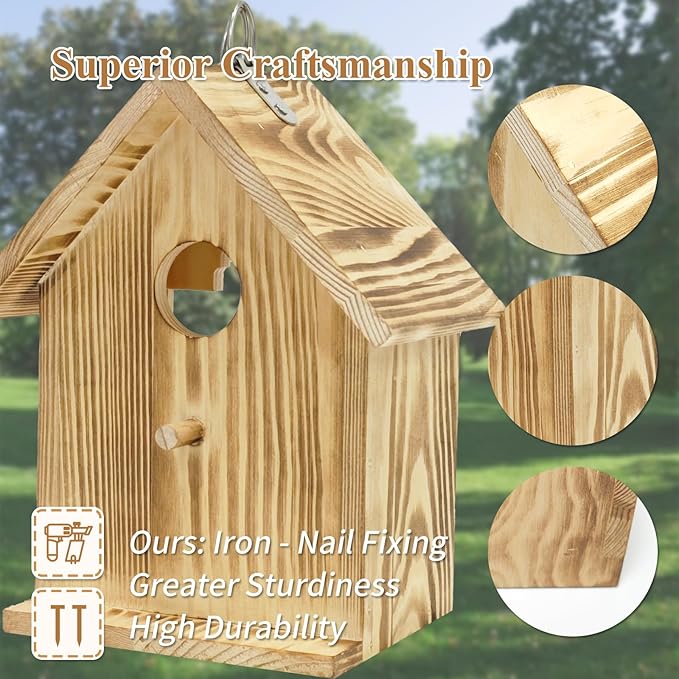 Window Bird Houses for Outside with 2 Powerful Hooks, Hanging Bird House for Viewing Inside, Wooden Hummingbird Houses to Paint for Outdoors, Bird Nesting Box for Bluebird Finch Chickadee