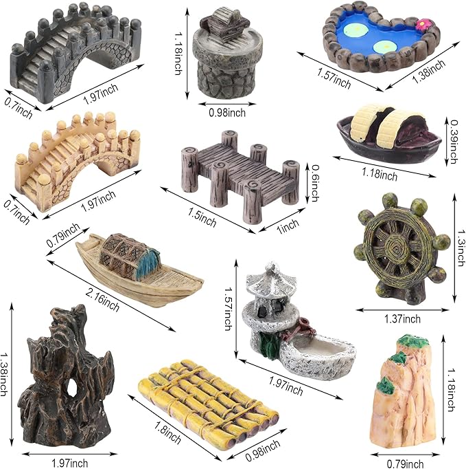 Meooeck 24 Pcs Miniature Garden Accessories Mini Fairy Bridge Figurines Pond Garden Decor Micro Landscape Lighthouse Water Well Ornament for Yard DIY Craft Dollhouse