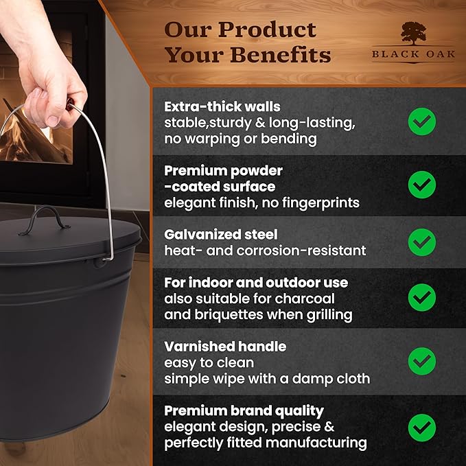 BLACK OAK Ash Bucket Vesuvio 3.7 GAL –black oval with lid & gloves –large 15L –fireproof galvanized steel & powder-coated ash & coal bucket –accessory for fireplaces, tiled stoves, wood-burning stoves