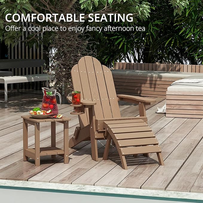 LUE BONA Folding Adirondack Chair Set of 4, Brown HDPS Weather Resistant Outdoor Chair with Cup Holder for Patio Fire Pit Campground