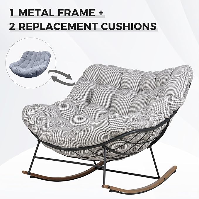 Grand patio Outdoor Rocking Chair with 2 Cushions, E-Coated Modern Cozy Lounge Rocker Chair with Cushion for Balcony Porch Patio, Gray & Houndstooth