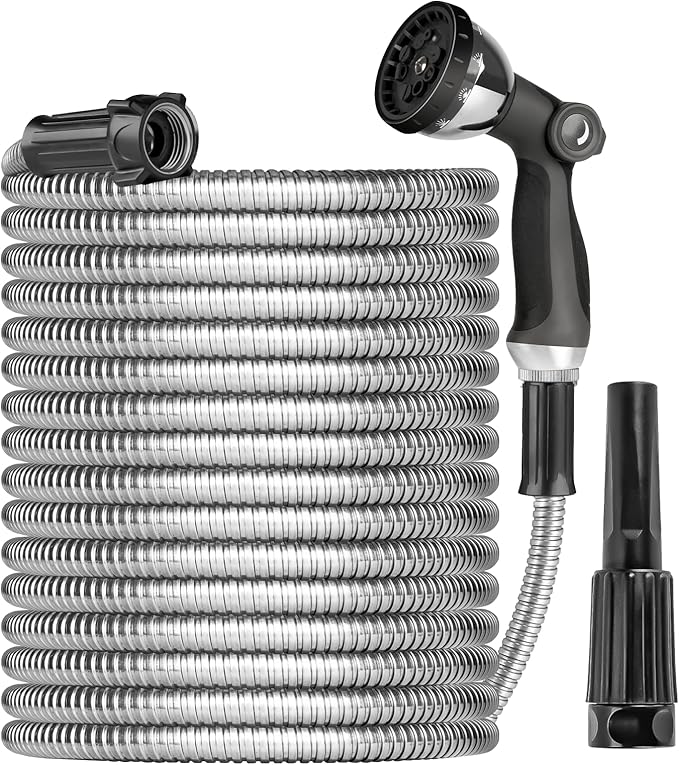 Metal Garden Hose 50ft Heavy Duty Stainless Steel Water Hose with Sprayer & Metal Fittings Flexible Lightweight Hose Puncture Proof Hose for Yard, Outdoors, Rv