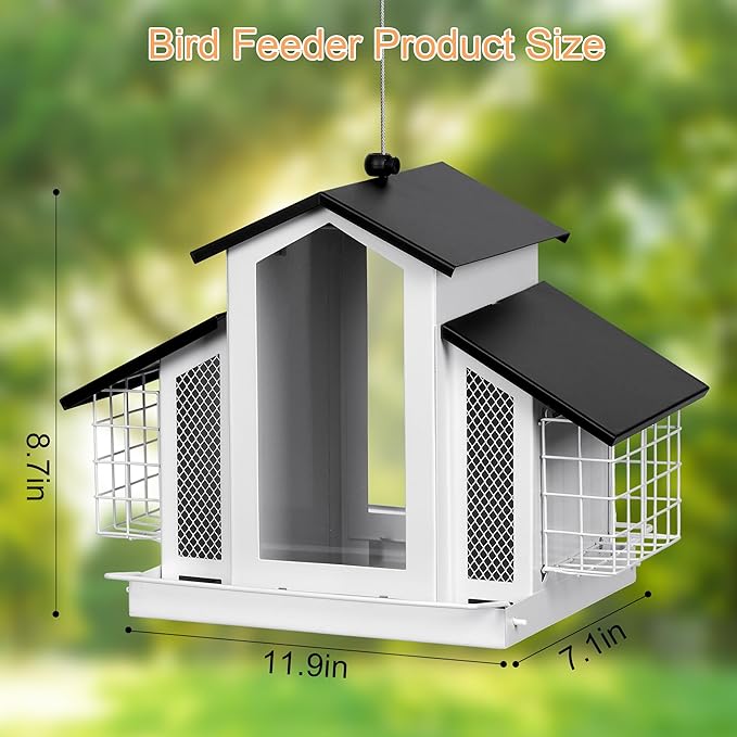 White Metal Bird Feeder Birdhouse, Outdoor Hanging Wild Bird Feeders for Outdoors, Perfect Birdhouses for Outside Bird Lovers