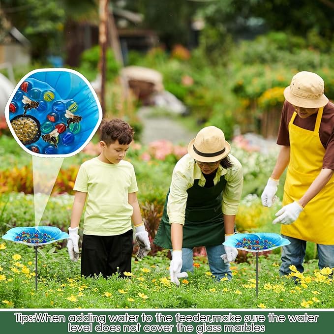 Tandefio Vivid Flower Bee Watering Station Metal Butterfly Water Feeder Cup with 30 Colorful Glass Marbles Bee Feeder Butterfly Bath Bowl for Garden Outdoor Yard Decors(Blue,Flower)