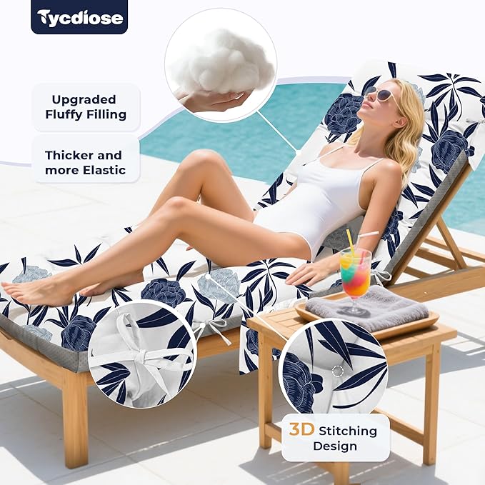 Outdoor Chaise Lounge Chair Cushion, 71 x 22 x 4.7 Inches Waterproof Chaise Lounge Cushions Replacement for Outdoor Furniture, Thickened Non-Slip Patio Lounge Chair Cushions, Blue Enchantress