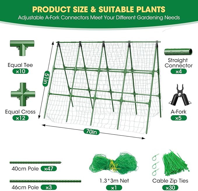 71x51 Inch Cucumber Trellis for Raised Bed,Foldable A-Frame Garden Trellis for Climbing Plants Outdoor with Climbing Net,Plastic-Coated Steel Core,for Cucumber Beans and Vine Type Plants
