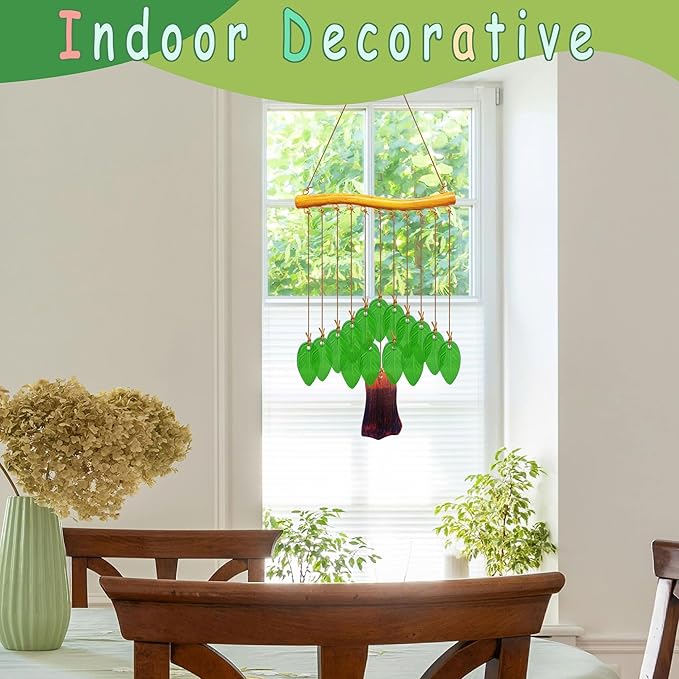 Leaf Shape Glass Wind Chimes for Outside Decoration, Green Tree Windchimes Outdoors Unique, Handcrafted Suncatcher Glass Art Wind Chimes for Women, Hanging Outdoor Christmas Decor