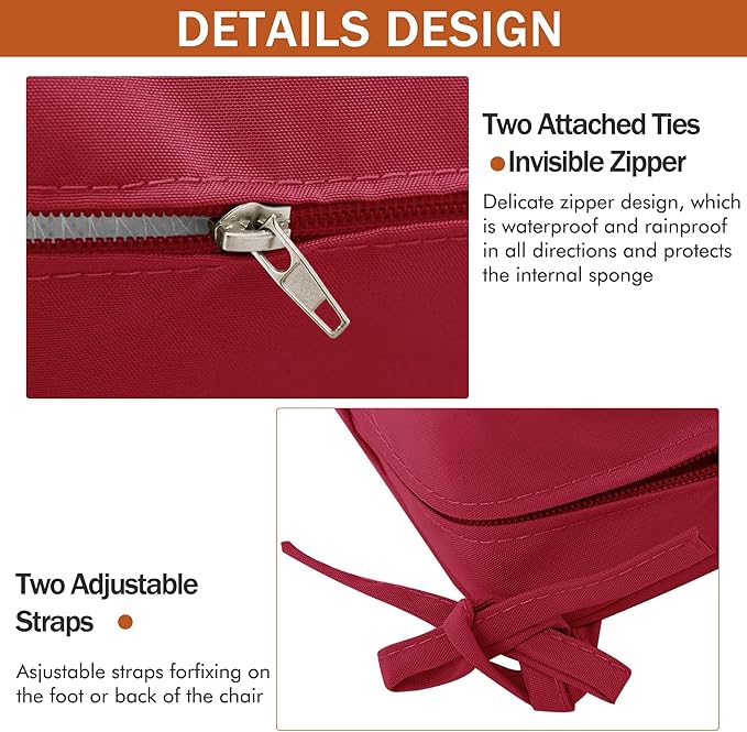 Outdoor Chair Cushions 16 x 17 Inch, Set of 4, Waterproof Patio Chair Cushions with Tie 5 Year Color Fastness Thick Outdoor Seat Cushion for Garden Lawn Patio Furniture Burgundy