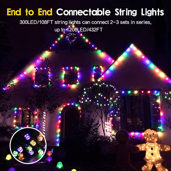 Techip 108FT 300LED Halloween Christmas String Lights Outdoor Indoor Extendable Green Wire Memory Function 8 Modes Waterproof Fairy String Lights for Xmas Tree Holiday Party Garden