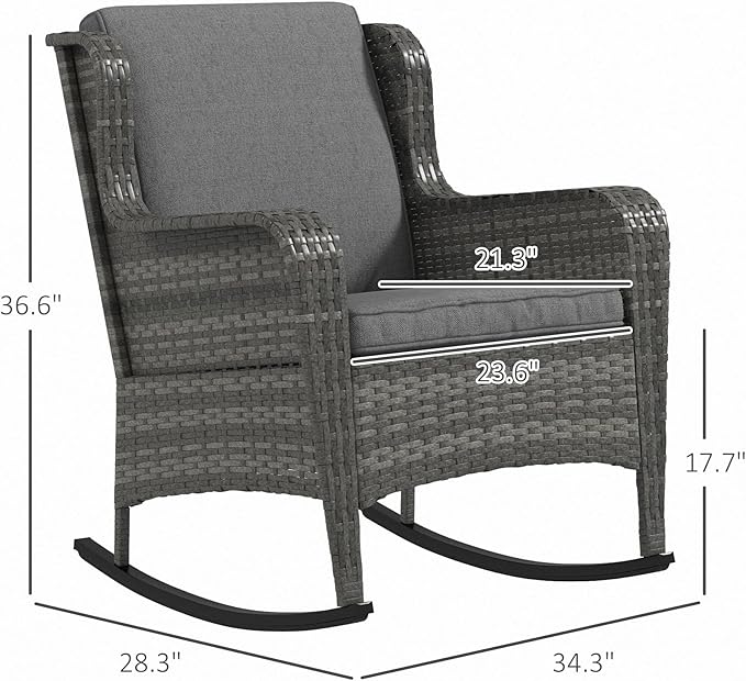 Outsunny Outdoor Wicker Rocking Chair Set of 2 with Wide Seat, Thick Cushions, Rattan Rockers with Steel Frame, High Weight Capacity for Patio, Garden, Backyard, Gray