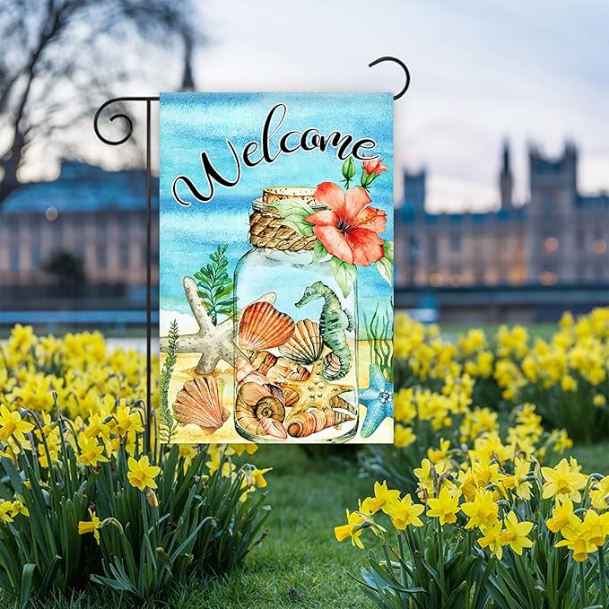 Texupday Welcome Floral Mason Jar Shell and Starfish Hippocampus Decoration Summer Seaside Garden Flag Holiday Party Beach Coastal Outdoor Yard Flag 12" x 18"