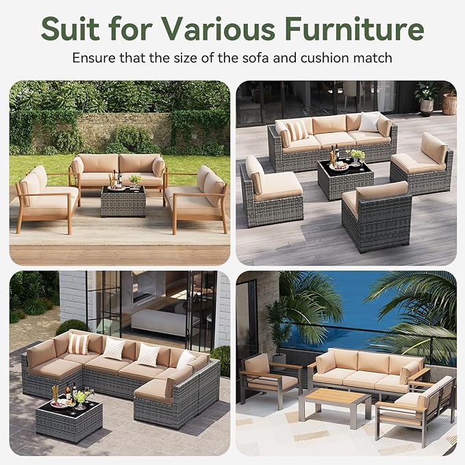 Aoxun Replacement Cushions for Outdoor Furniture, 14-Piece Outdoor Cushions for Patio Furniture, Deep Seat, Waterproof & Fade Resistant Couch Cushion for 6-Seat Patio Conversation Sets, Beige