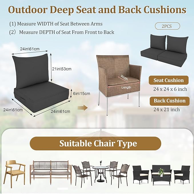 Outdoor Deep Seat Cushion Set, Fade Resistant Patio Chair Cushions, 24x24x6 Inch Patio Sofa Furniture Pad with Removable Cushion Covers (Dark Gray, 24''Lx24''Wx6''H-2pcs Set)