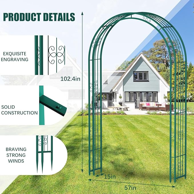 102in Steel Garden Arch Arbor Trellis for Climbing Plants Outdoor,Yard,Wide Sturdy Durable Garden Arch for Lawn,8.5ft Climbing Plants Decorative Wire Lattice,Outdoor Wedding Arch(Green)